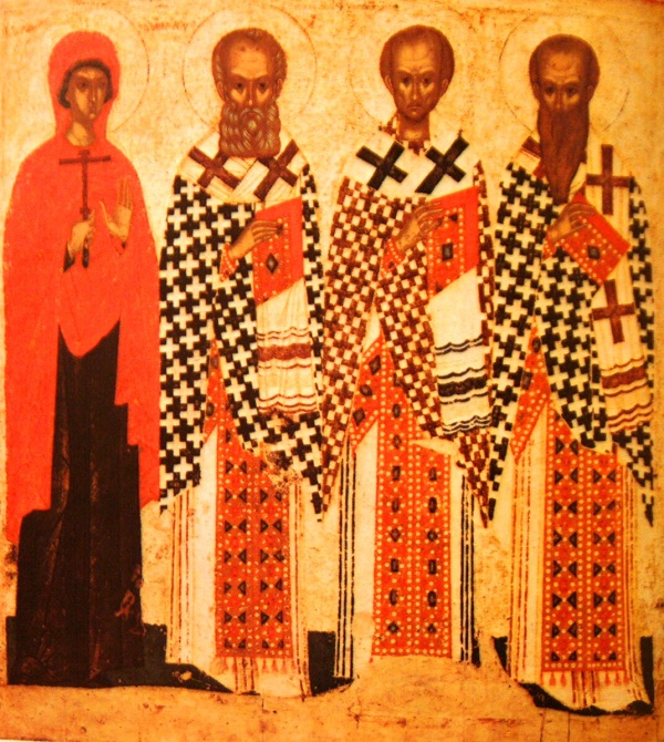 Икона Три святителя и Параскева Пятница. 15 век. Псков. Дерево, паволока, левкас, темпера. 147х134