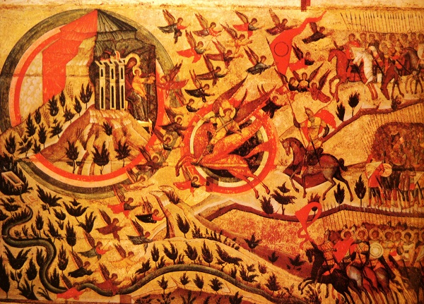  Икона Церковь воинствующая (фрагмент) 1550-ые г. Дерево, паволока, левкас, темпера. 144х396. Поступила в 1919 г. из Национального музейного фонда