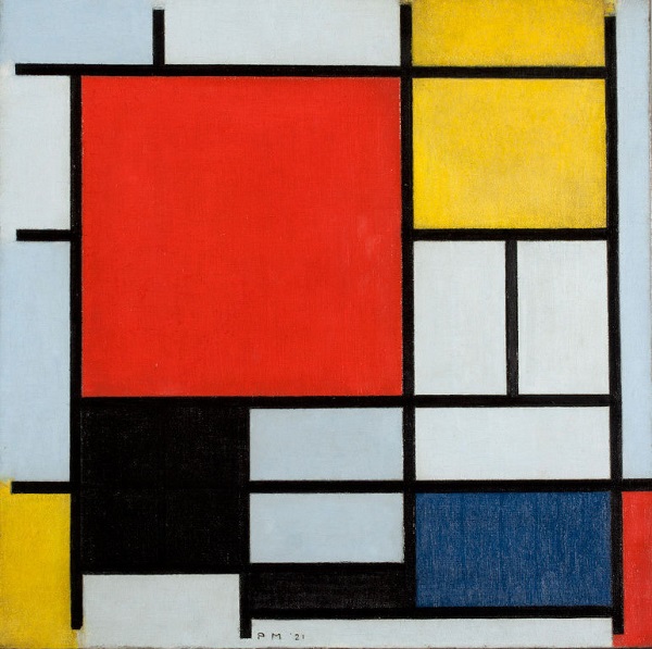 Художник  Пит Мондриан  "Композиция с большой красной плоскостью, желтым, черным, серым и синим" 1921 г.
