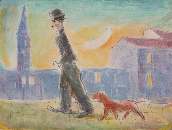 Моисей Фейгин Чаплин на прогулке с собачкой 1994 г. ватман, мелки 38х50 