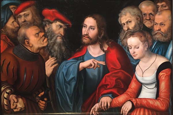 Лукас Кранах и Мастерская "Христос и грешница" 1532 г.  Музей изящных искусств, Будапешт