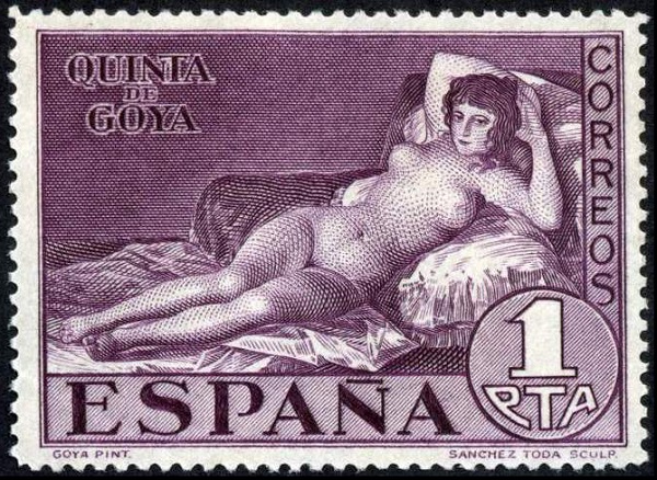 Почтовая марка Испании, картина Франсиско де Гойя "Маха обнажённая", 1930 год, 1 песета.