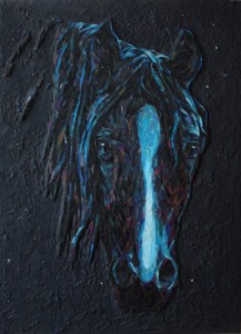 Александра Мишель  "Синий конь"  60х45см  стеклянная мозаика, смешанная техника 2016 г.