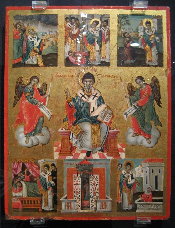 Греческая икона с изображением сцен из жизни Святителя Спиридона Тримифунтского Чудотворца