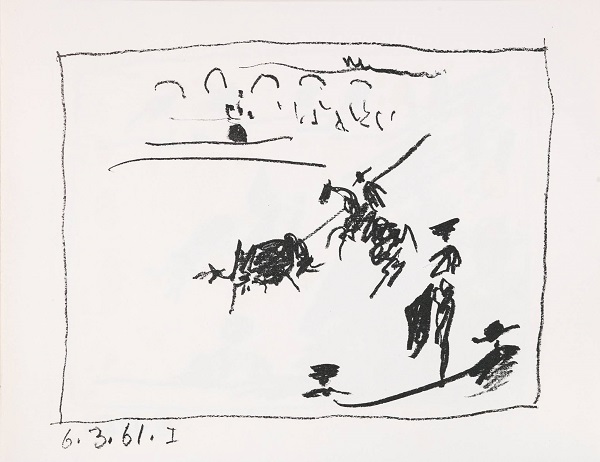 Пабло Пикассо. "Игра плаща"  Литография (С) Altmans Gallery: "Бой быков всегда присутствовал в творчестве Пикассо не только потому, что он был пылким поклонником (он часто посещал корриды в Арле на юге Франции), но также потому, что Пикассо использовал корриду как метафору животной страсти, управляющей поведением людей, в том числе его самого. Для Пикассо, который часто изображал себя быком или минотавром, коррида была очень эротичным ритуалом." 