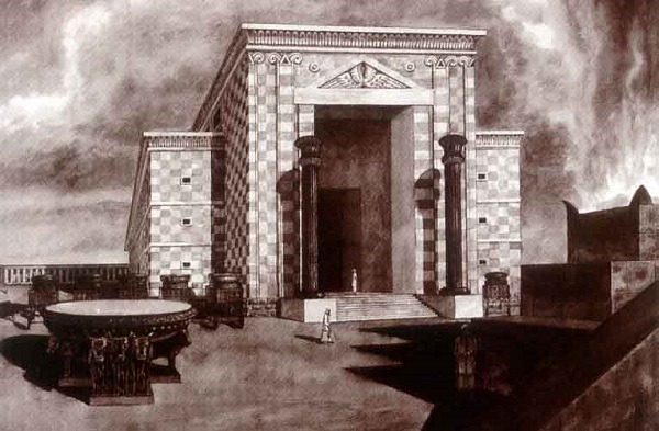 Возможная реконструкция Храма Соломона  два медных столба на входе — Иахин и Воаз