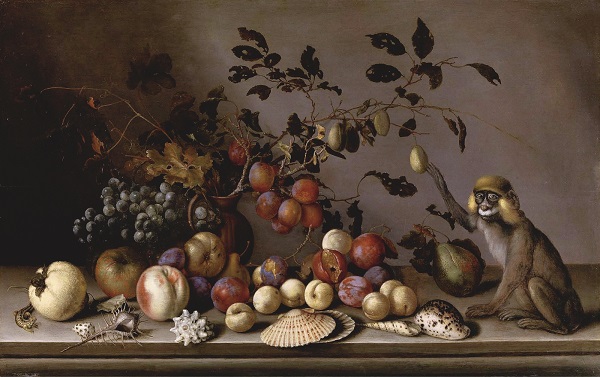 Балтасар ван дер Аст  1593 /1594 -- 1657 гг..  при участии Йоханнеса Баумана "Натюрморт с фруктами, раковинами и обезьянкой" 