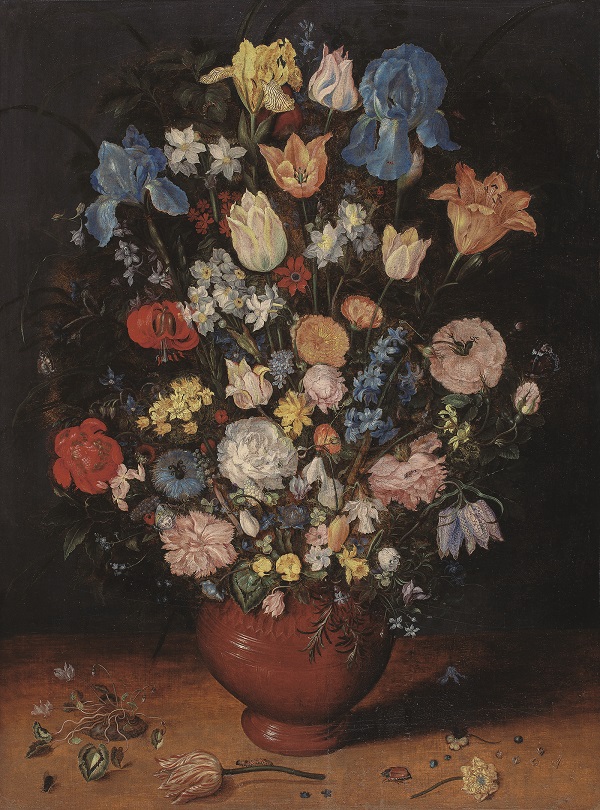 Ян Брейгель Старший  1568 - 1625 гг..  "Букет из ирисов, тюльпанов, роз, нарциссов и рябчиков в глиняной вазе" 
