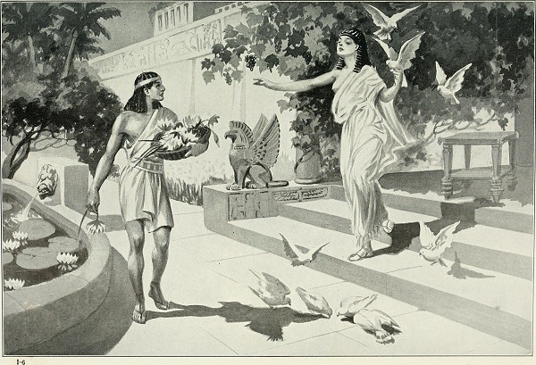 Иштар, окружённая облаком голубей,  предстаёт перед молодым садовником Саргоном  Иллюстрация новоассирийской легенды 1913 г. 