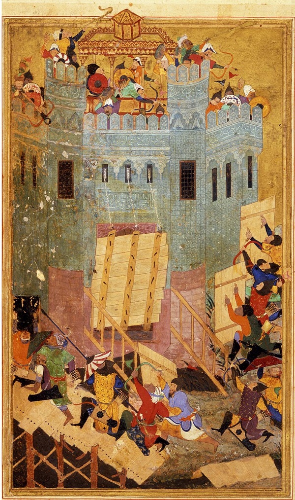 Осада прибрежного замка Смирны  войском Тамерлана в 1402 году  Иллюстрация к Зафарнаме Язди, Кемаль-ад-Дин Бехзад,  1467 г. 